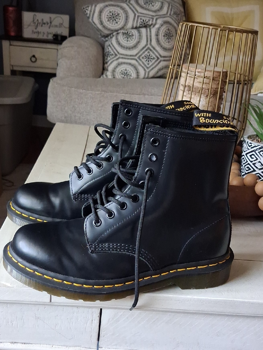 Dr. Martens Black Leather Lace-Up Boots with Yellow Stitching